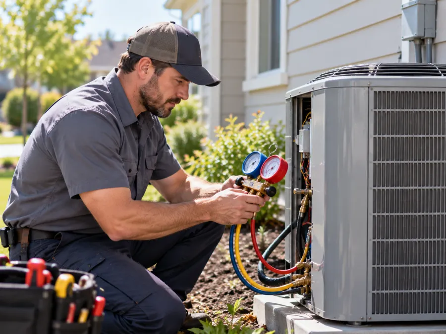 Technician servicing an outdoor air conditioner
