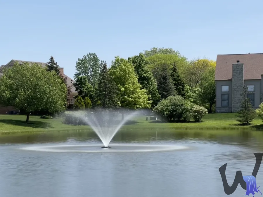 Floating fountain aerating a large pond
