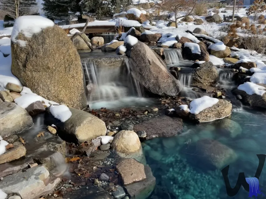 Pond waterfall with mature plantings