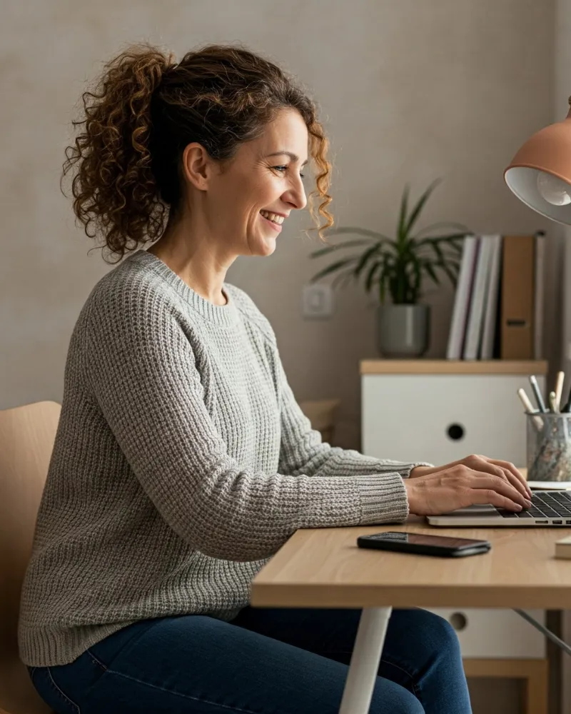 A former teacher smiling as she works through a Teacher Transition course on her laptop at home