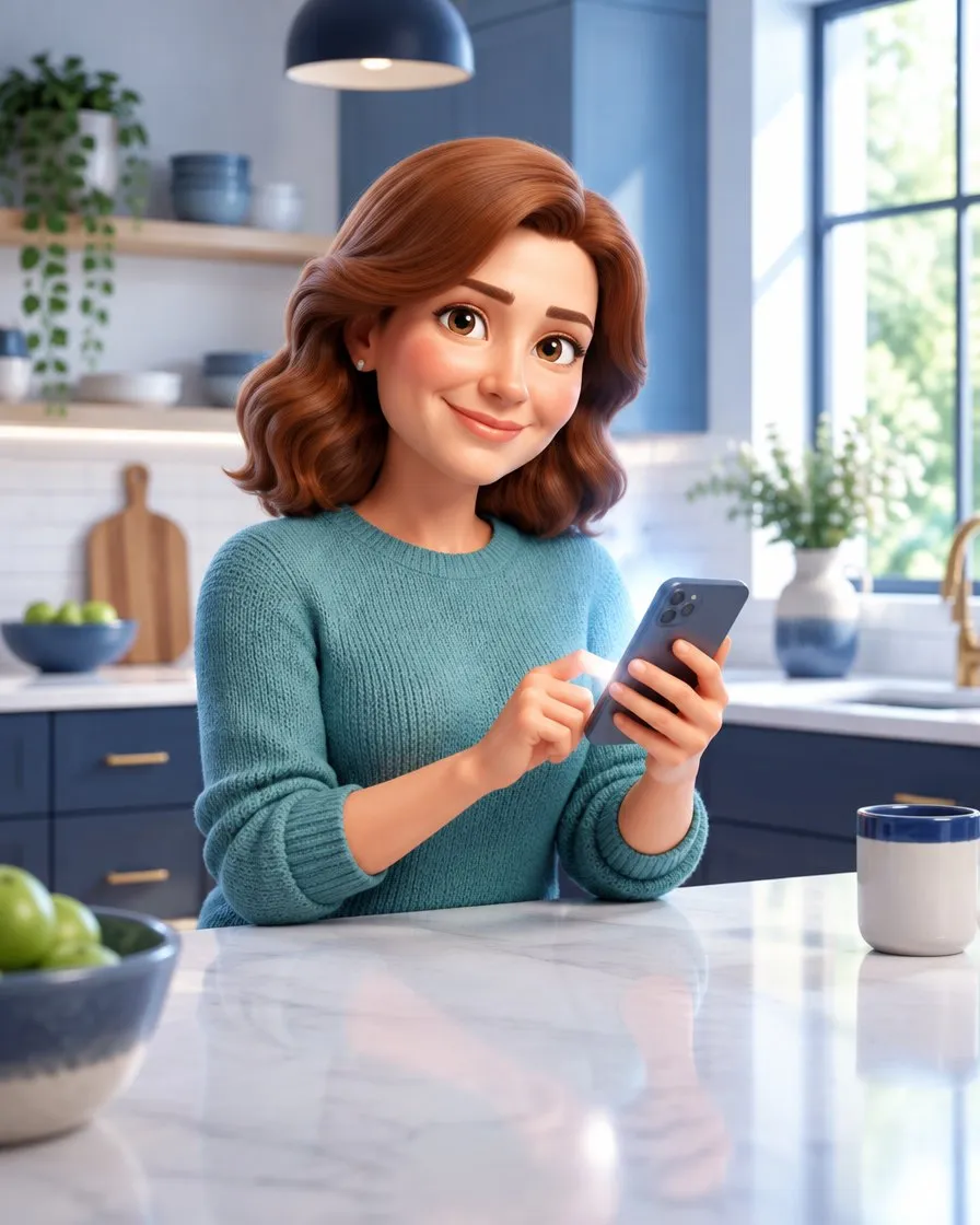Sarah smiling at her phone while leaving Dan a Google review