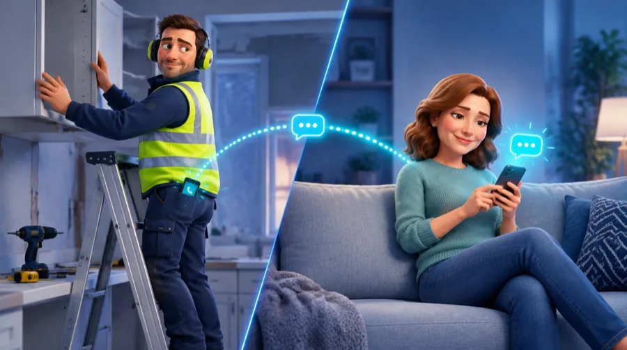 Dan busy up a ladder while Sarah gets an instant text back from his business