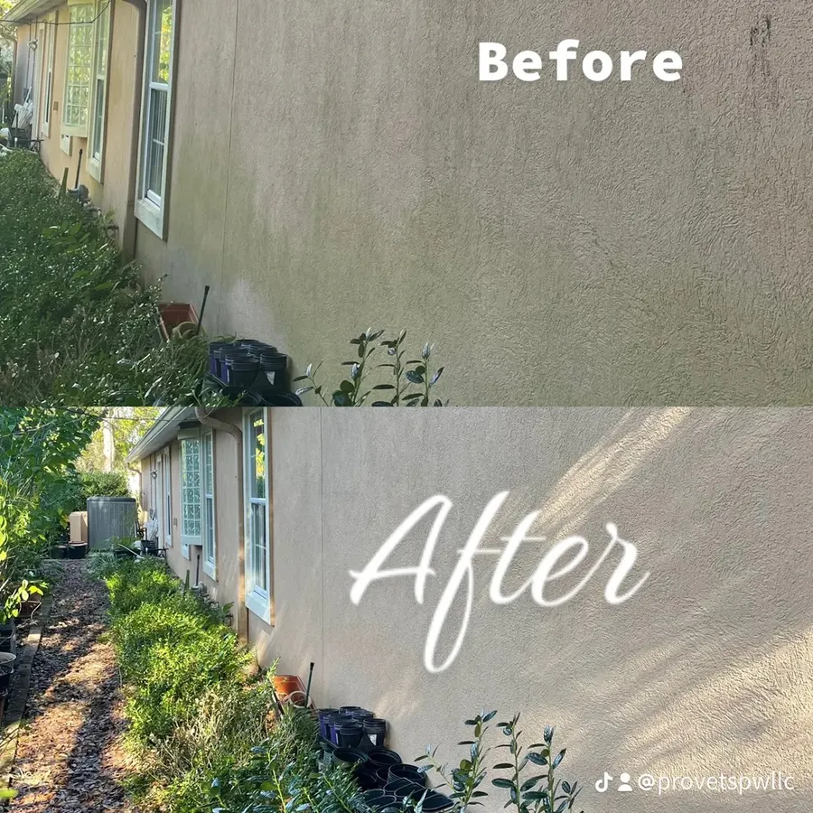 Before and after soft washing a mildew-stained stucco house wall in St. Augustine by Pro Vets Pressure Washing