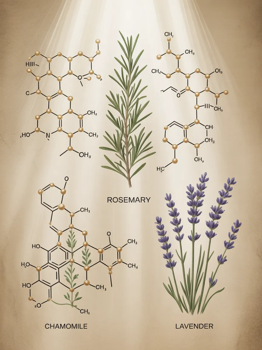 Lámina botánica: romero, manzanilla y lavanda junto a la estructura molecular de sus principios activos