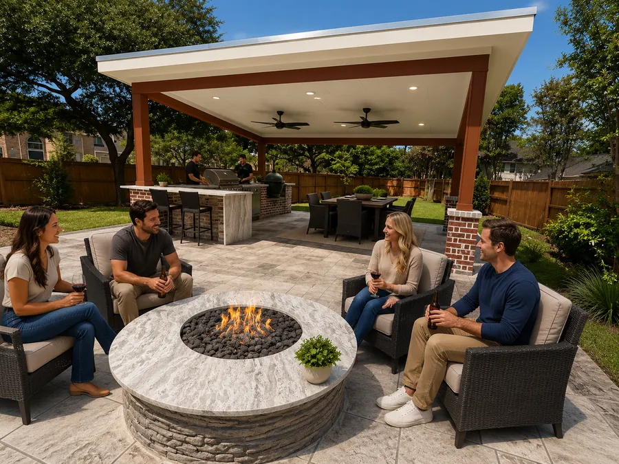 Outdoor living space with a covered patio and fire pit
