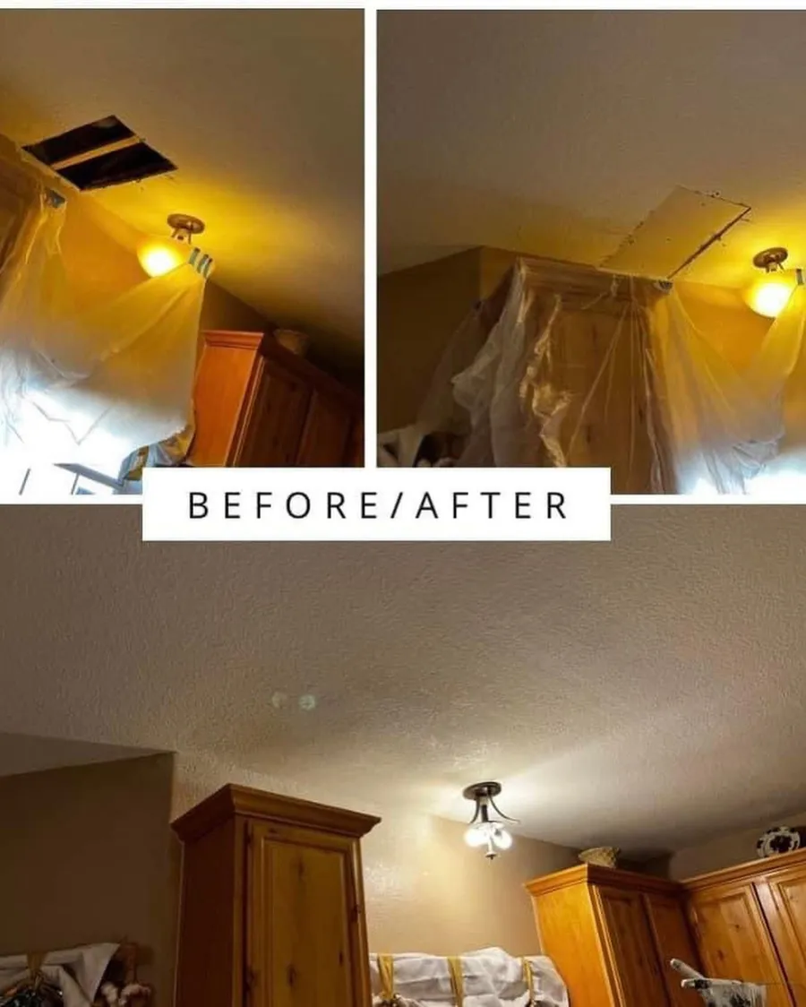 Before and after of a bedroom ceiling opening patched and finished