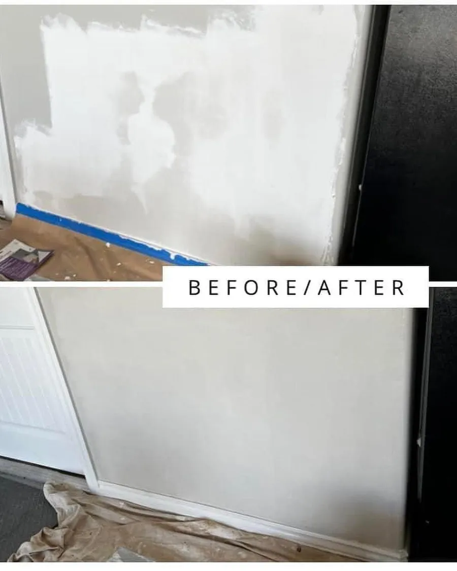 Before and after of a patchy wall skimmed smooth and painted