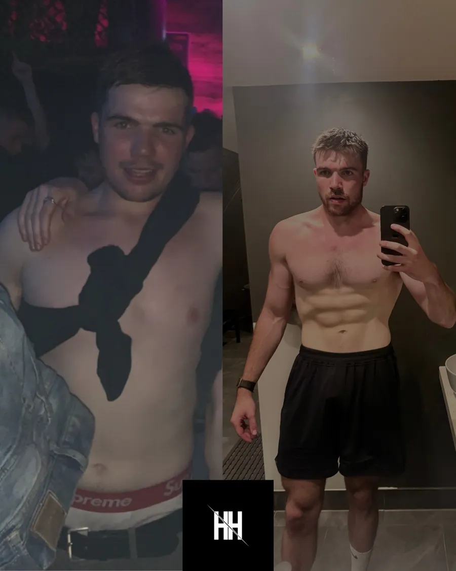 Henry Hunt before and after: heavy on a night out not long after leaving the army, then lean in a mirror selfie