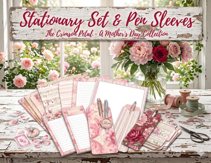 Crimson Petal Stationary Set and Pen Sleeves