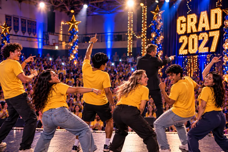 High school grad volunteers dancing and having fun on stage during the comedy hypnosis show