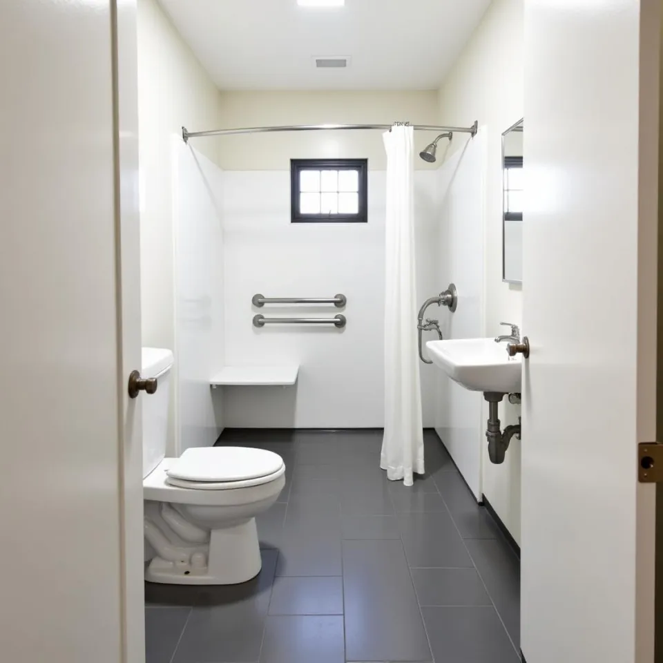 Accessible bathroom with grab bars, wall-mounted sink and dark floor tile