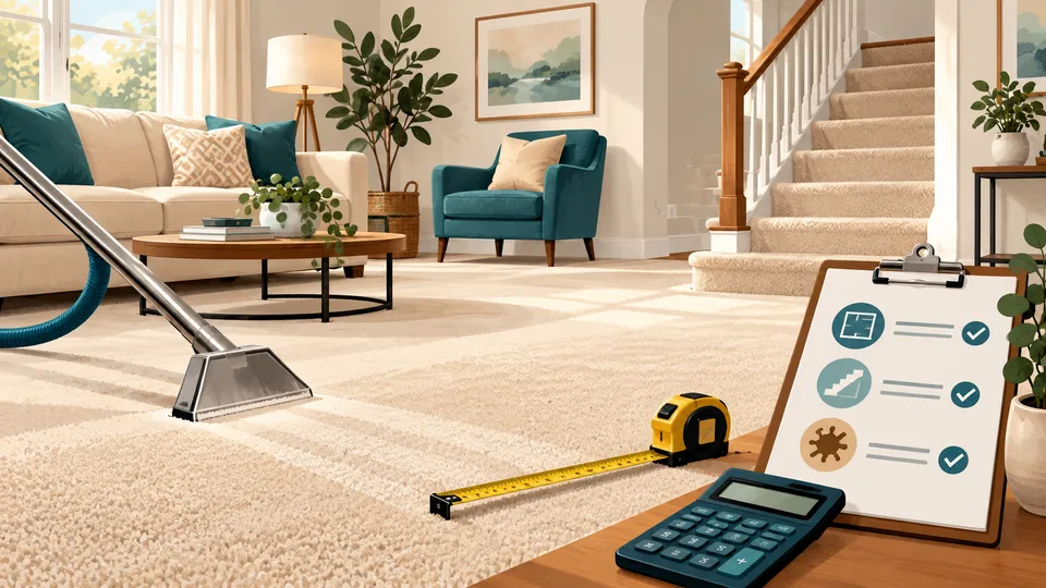 Illustration of room size, stairs, and carpet condition affecting a cleaning quote.