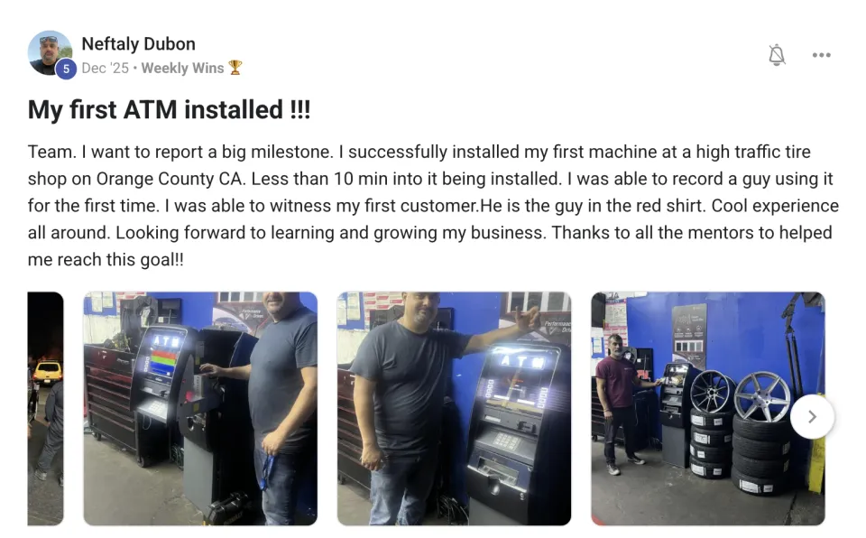 A community member's post: my first ATM installed at a tire shop in Orange County