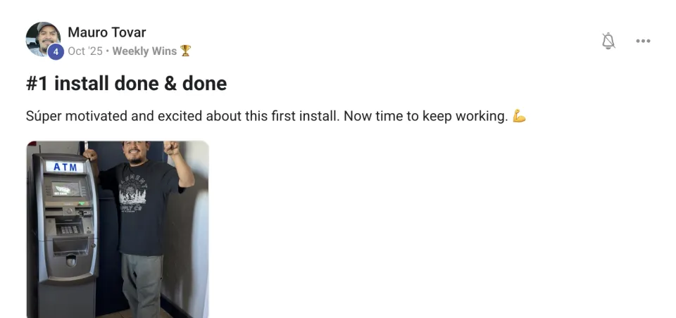 A community member's post: number 1 install done, with a photo beside the ATM