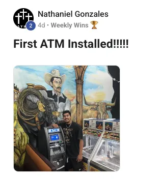 A community member's post: first ATM installed