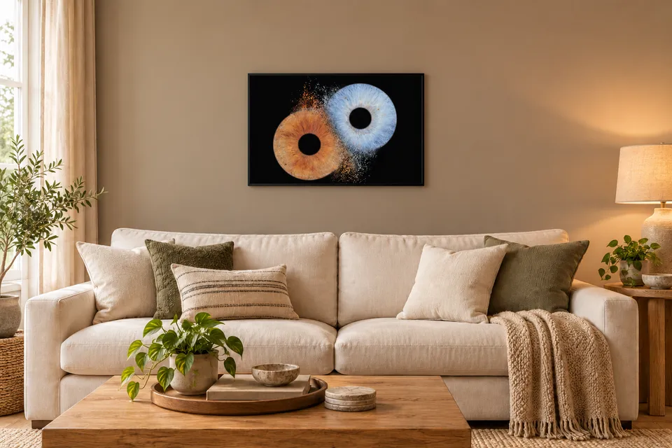 Warm cream-sofa living room with a couples’ Iris Art picture displayed above the sofa