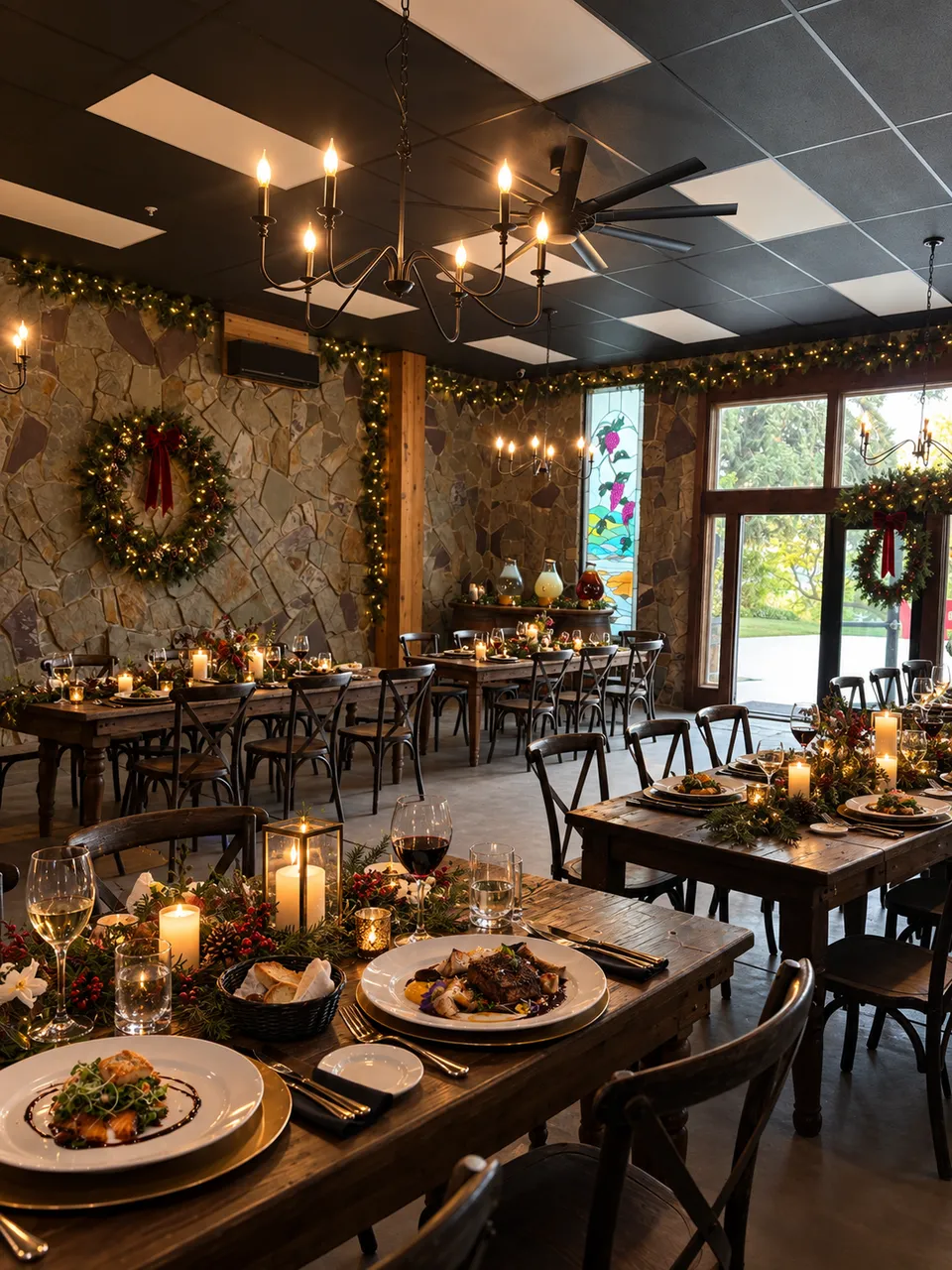 Festive dining tables with wreaths and winter greenery.