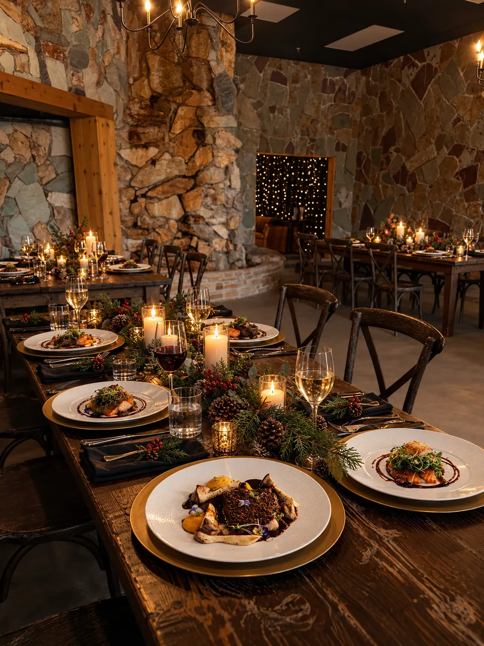 Candlelit tables with winter greenery and plated dinner settings.
