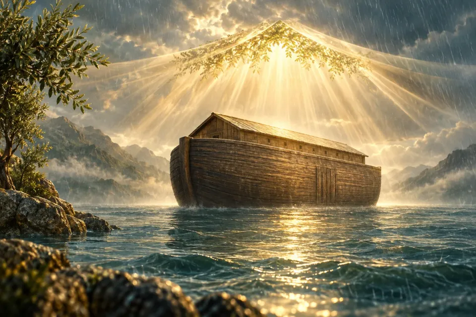 Illustration of Noach’s ark sheltered by warm light amid rain