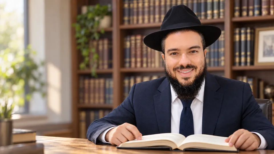 Rabbi Rachamim Bitton seated at a study table, with bookshelves behind him