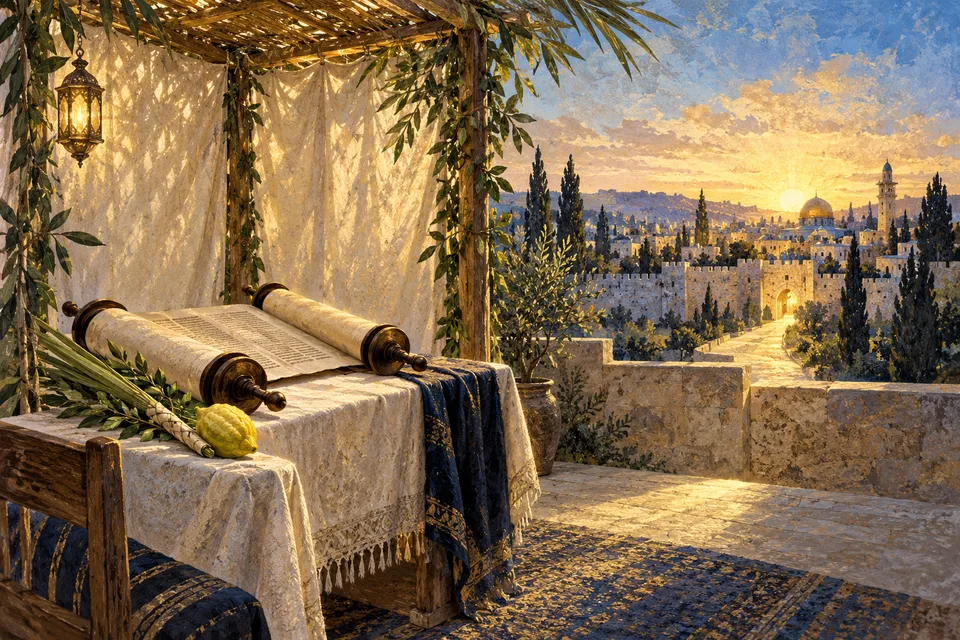 Illustration of a sukkah with an open Torah scroll, lulav and etrog in warm Jerusalem light