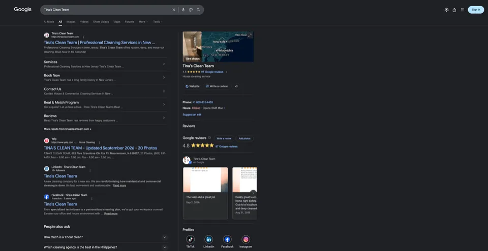 Google results for Tina’s Clean Team, a site Chris built