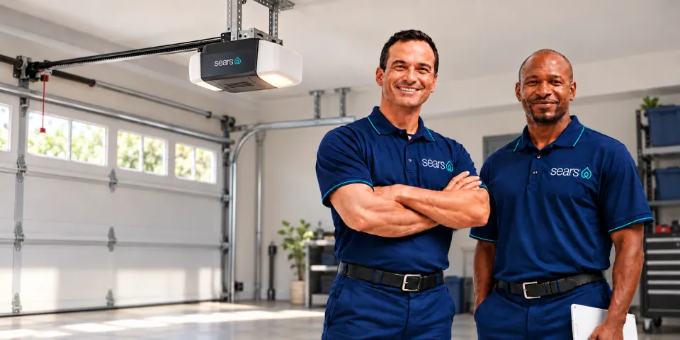 Sears technicians with an installed garage door opener