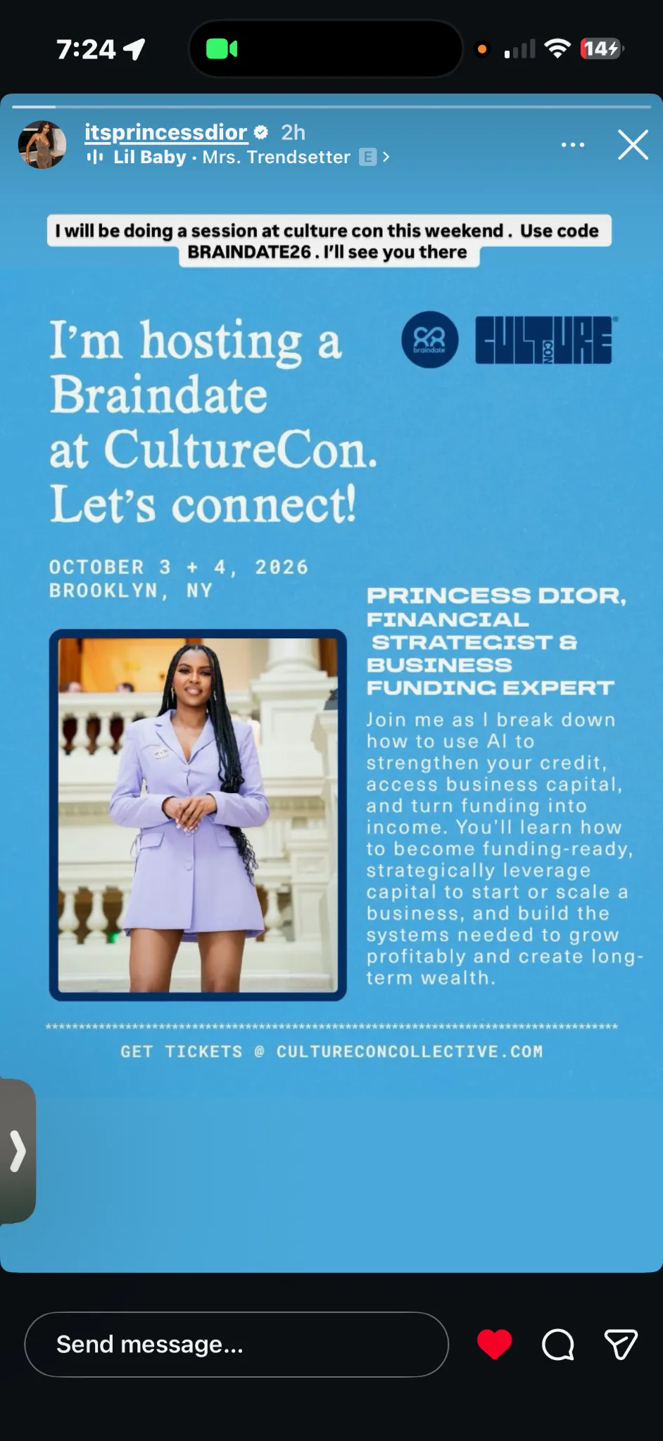 Princess Dior’s CultureCon Braindate speaking announcement for October 3 and 4, 2026, in Brooklyn