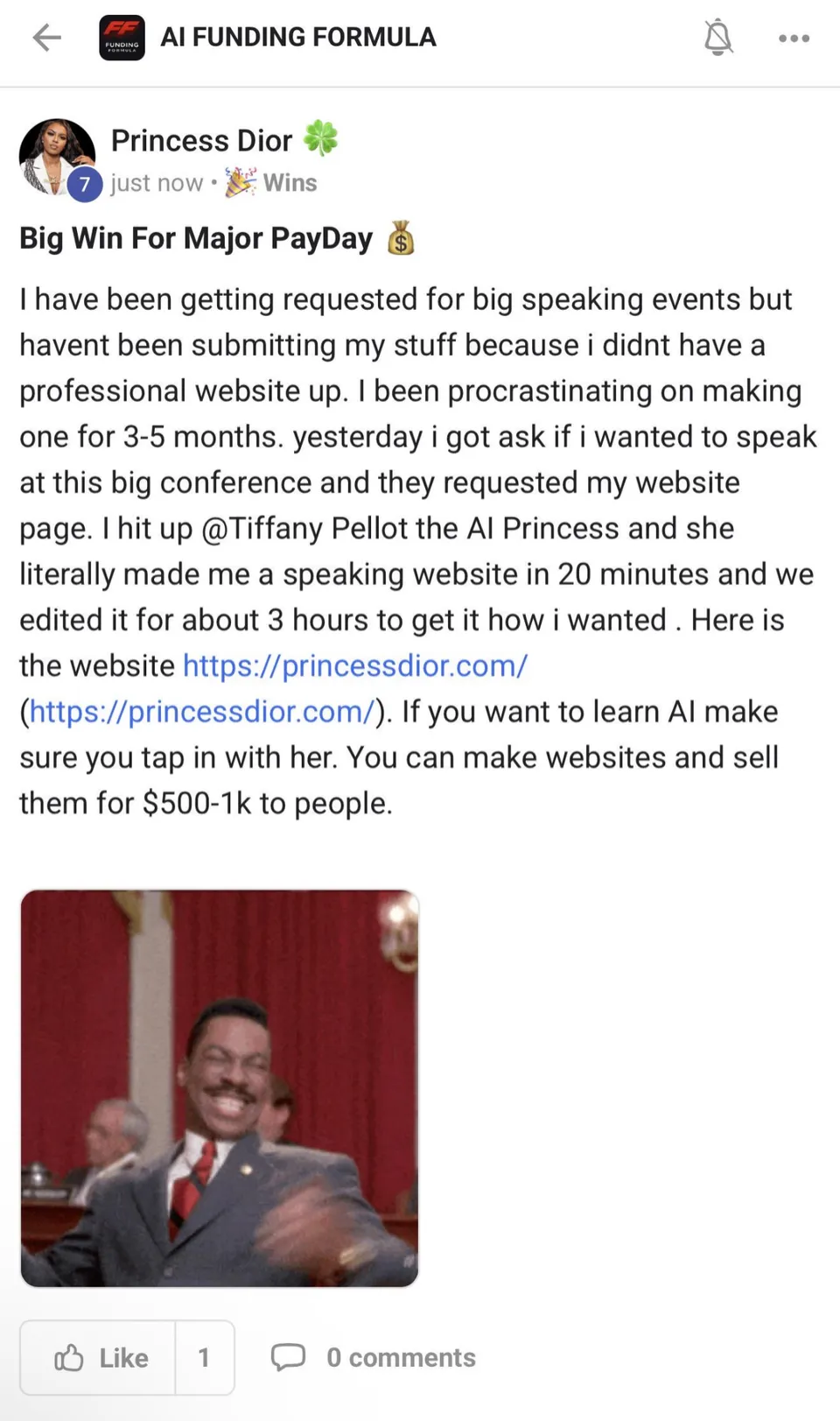 Princess Dior’s written feedback about building her professional speaking website with Tiff