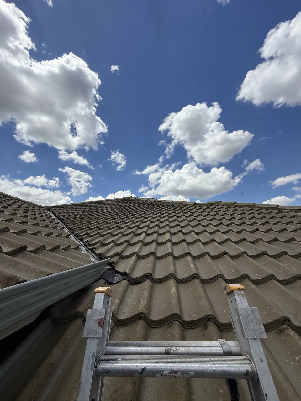 The same tile roof valley after a soft wash, tiles back to their colour