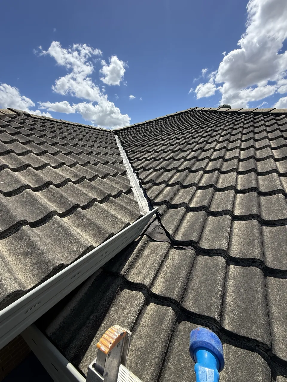 Concrete tile roof valley covered in dark lichen before cleaning