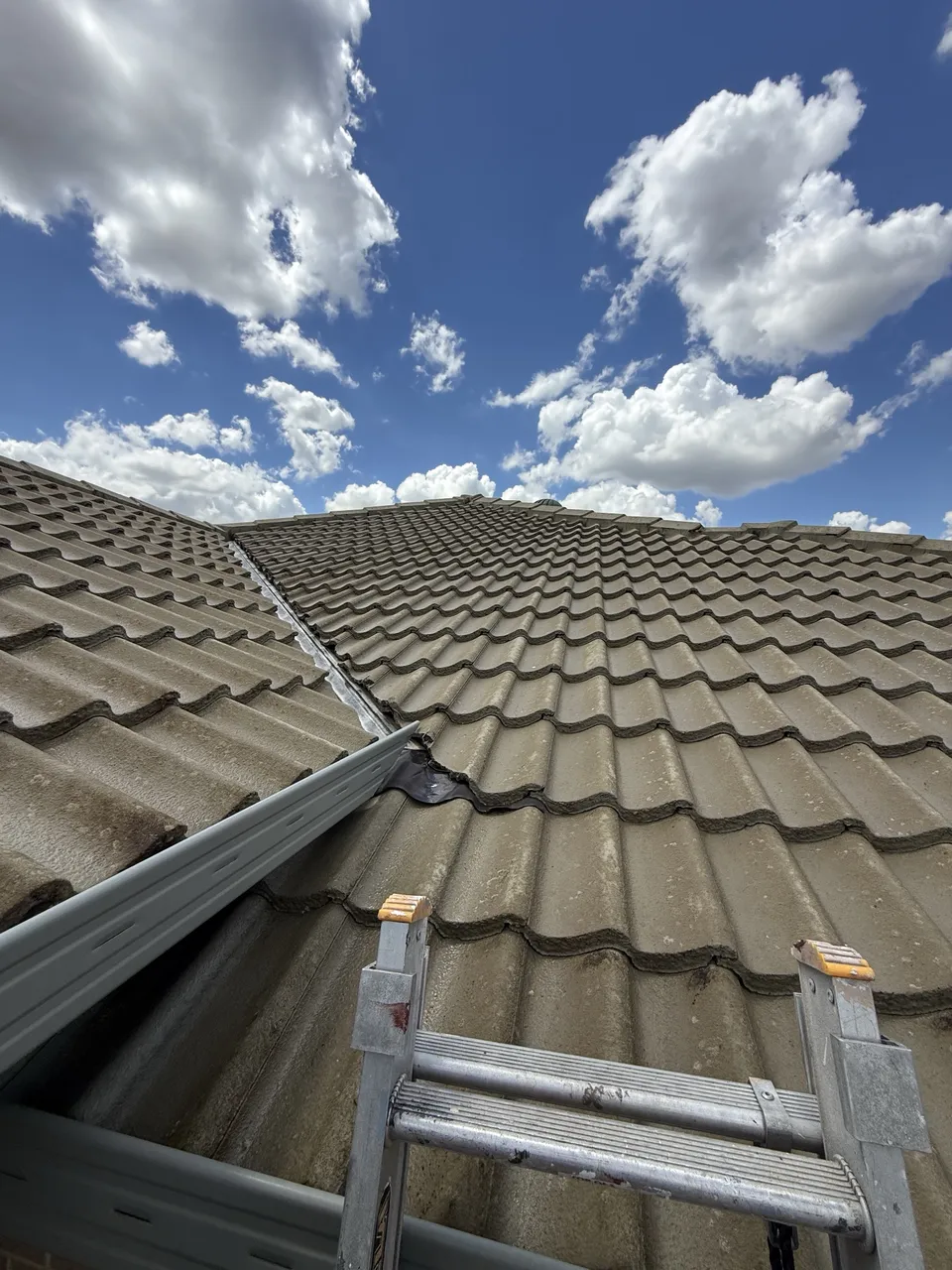 Clean tiles along the same roof valley after a soft wash