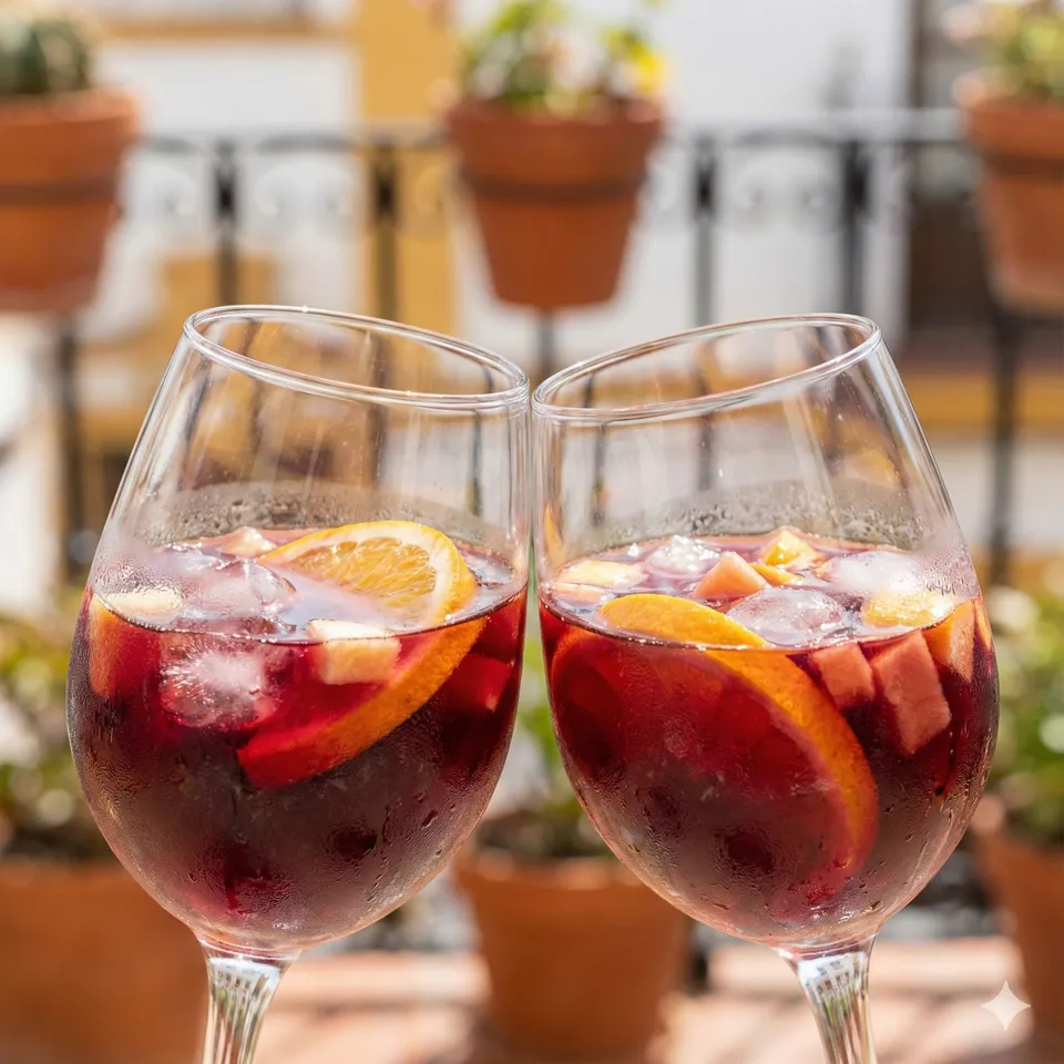 Glasses of artisan sangria poured for guests at the start of the rooftop paella evening