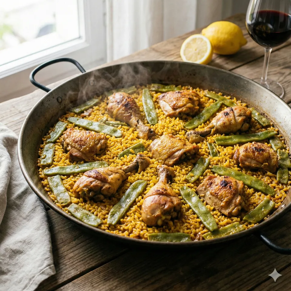A finished Seville-style chicken and vegetable paella, the recipe guests take home