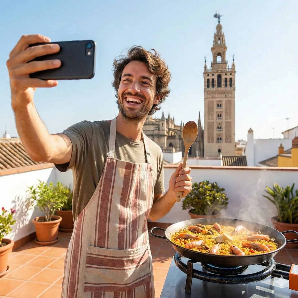 Guests posing with their finished paella pan, the Giralda lit behind them at golden hour