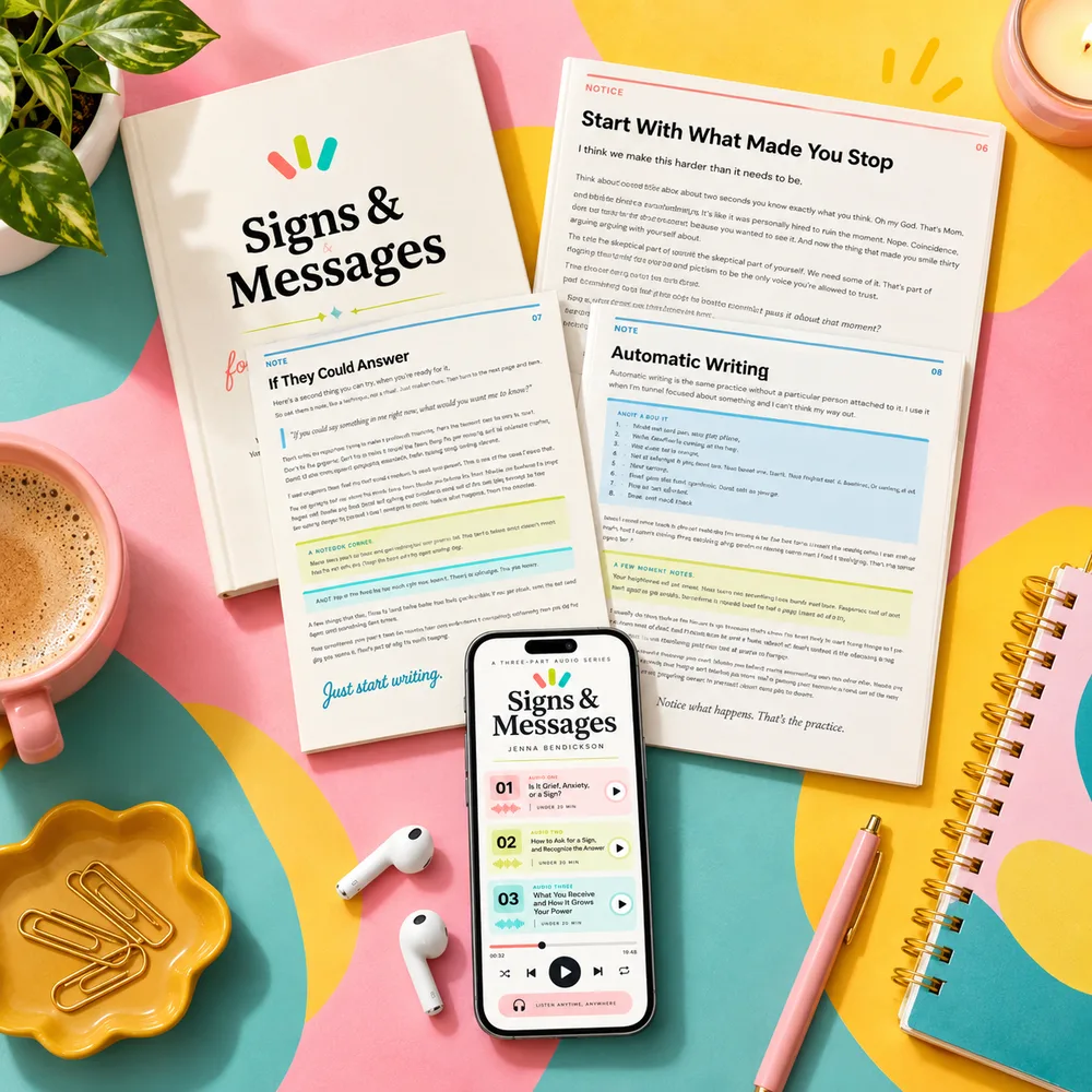 The three audio lessons on a phone, with the companion journal and its pages beside them