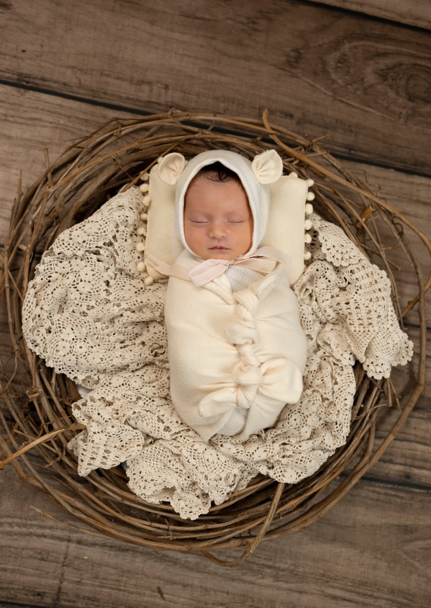 Newborn baby posed in a cream nest — Duluth, Minnesota newborn photography