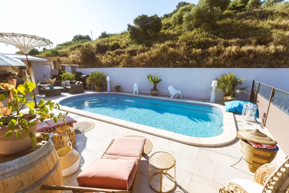 Piscine coque arrondie dans un jardin