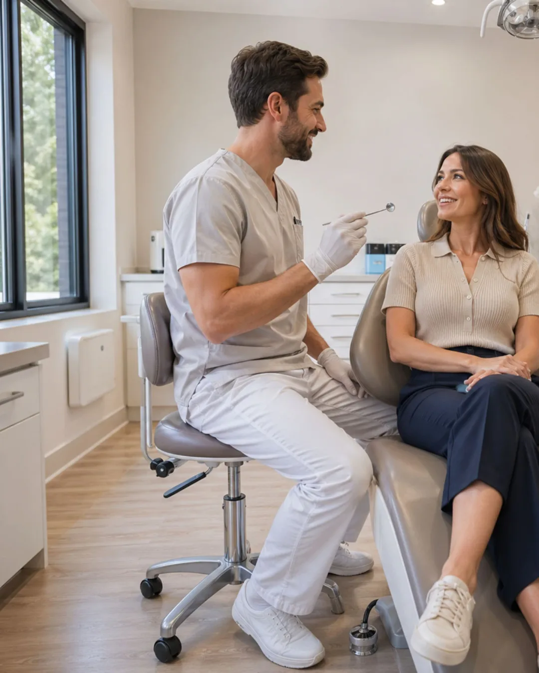 Dentista conversando con una paciente en el consultorio