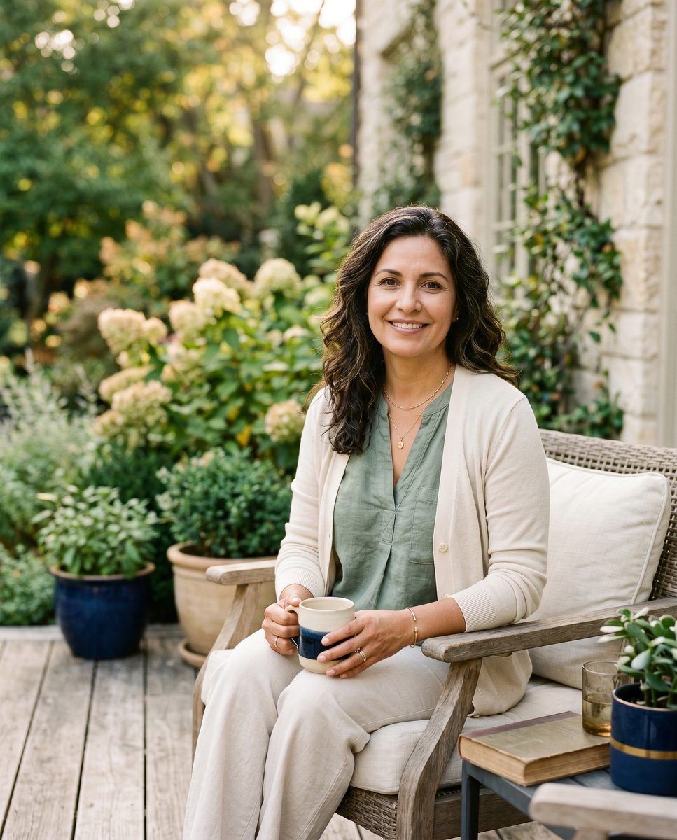 Woman around 50 years old sitting peacefully in her garden