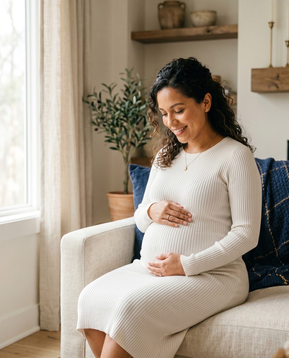 Pregnant woman sitting peacefully by a window with hand on belly