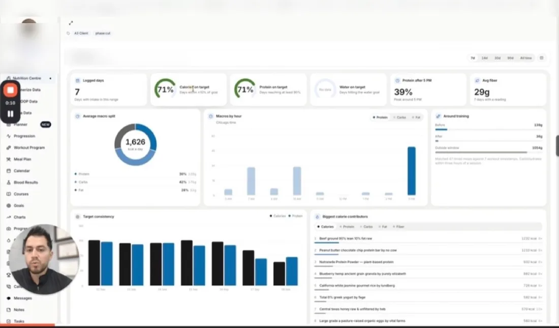 Weekly review dashboard with a video check-in from Coach David