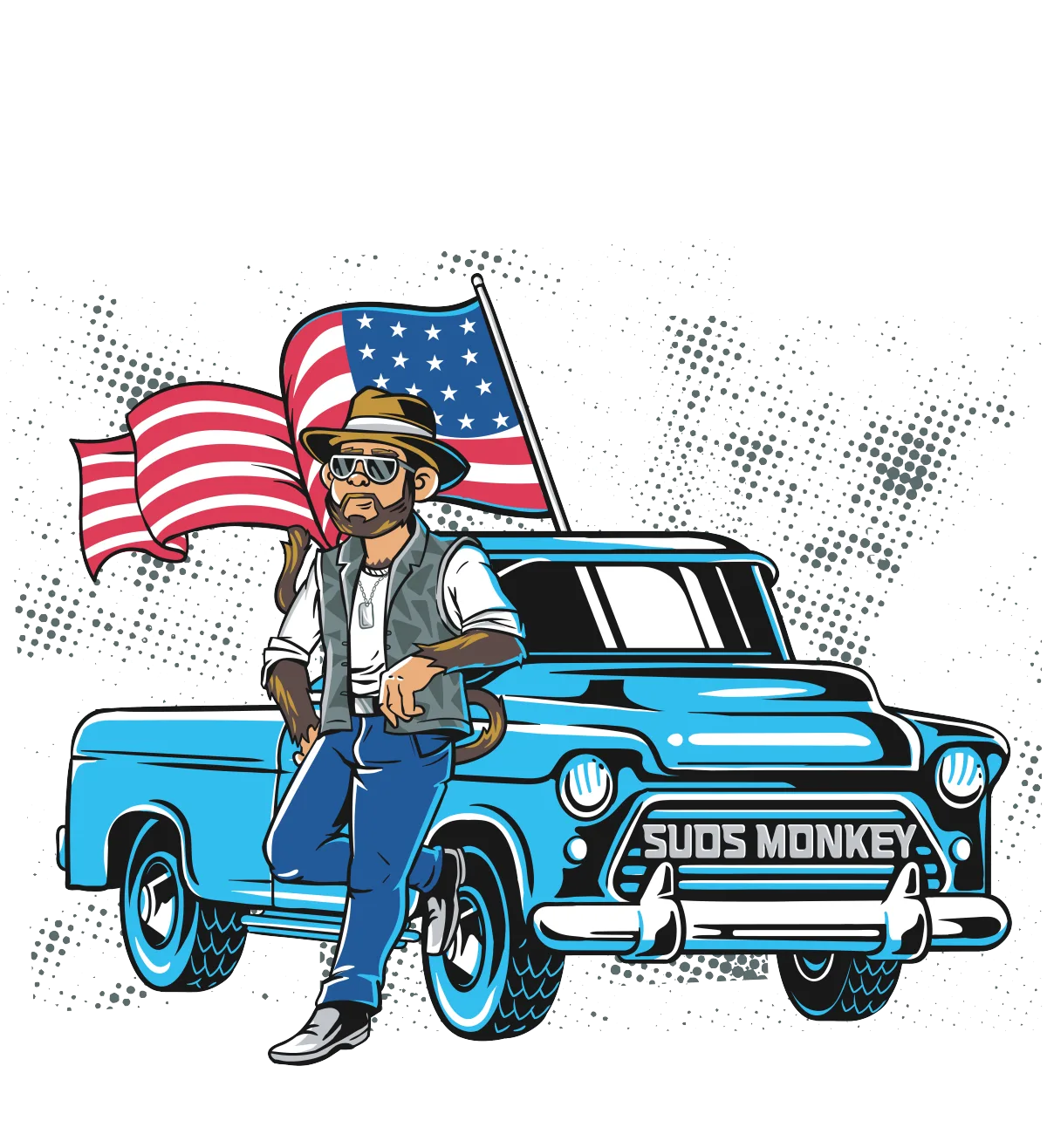 Suds Monkey leaning on the truck