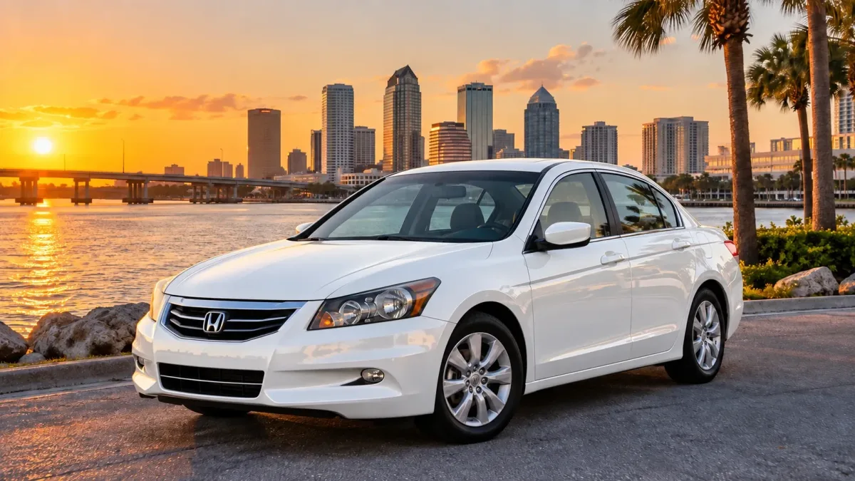 2012 Honda Accord, white, with the Tampa skyline behind it