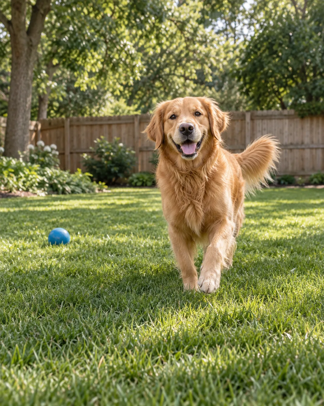 Golden retriever running through a sunny fenced yard