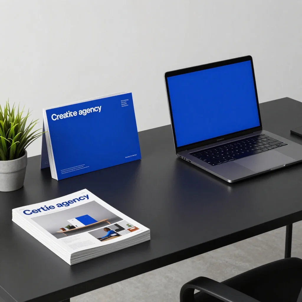 Desk with a laptop and printed brand materials for a creative agency