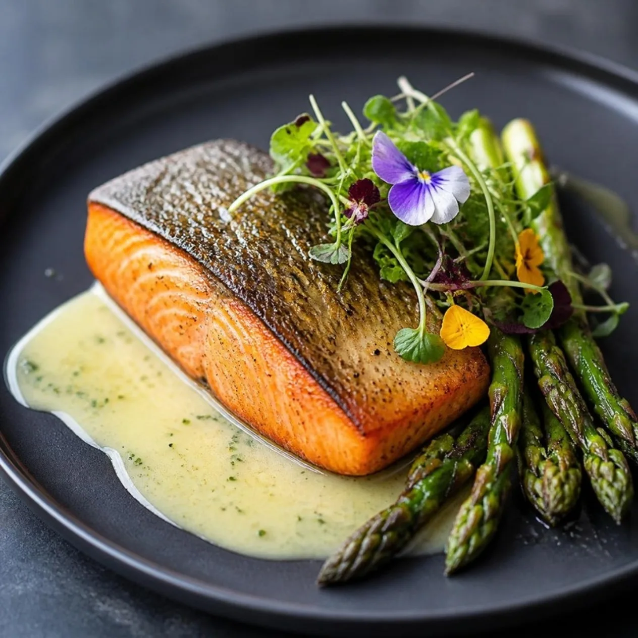Crispy-skin salmon with asparagus and beurre blanc