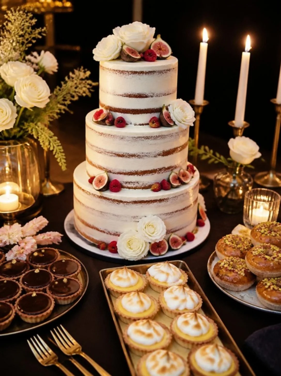 Semi-naked wedding cake with figs and raspberries beside tarts and donuts