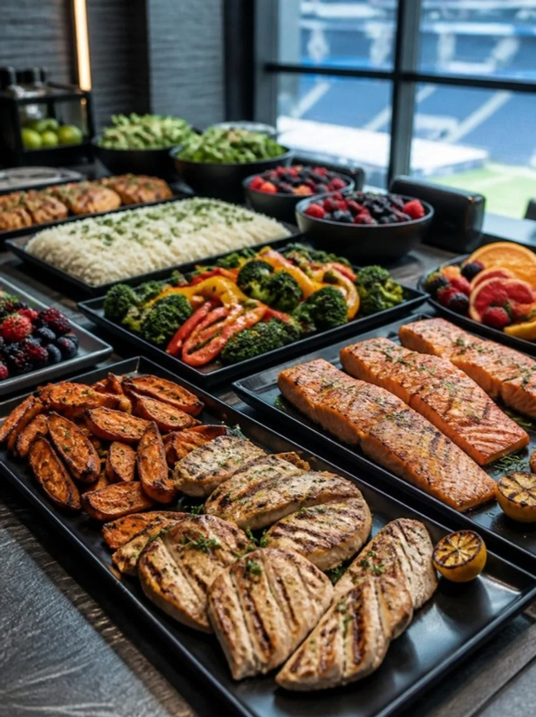 Team buffet with grilled chicken, salmon and sweet potato