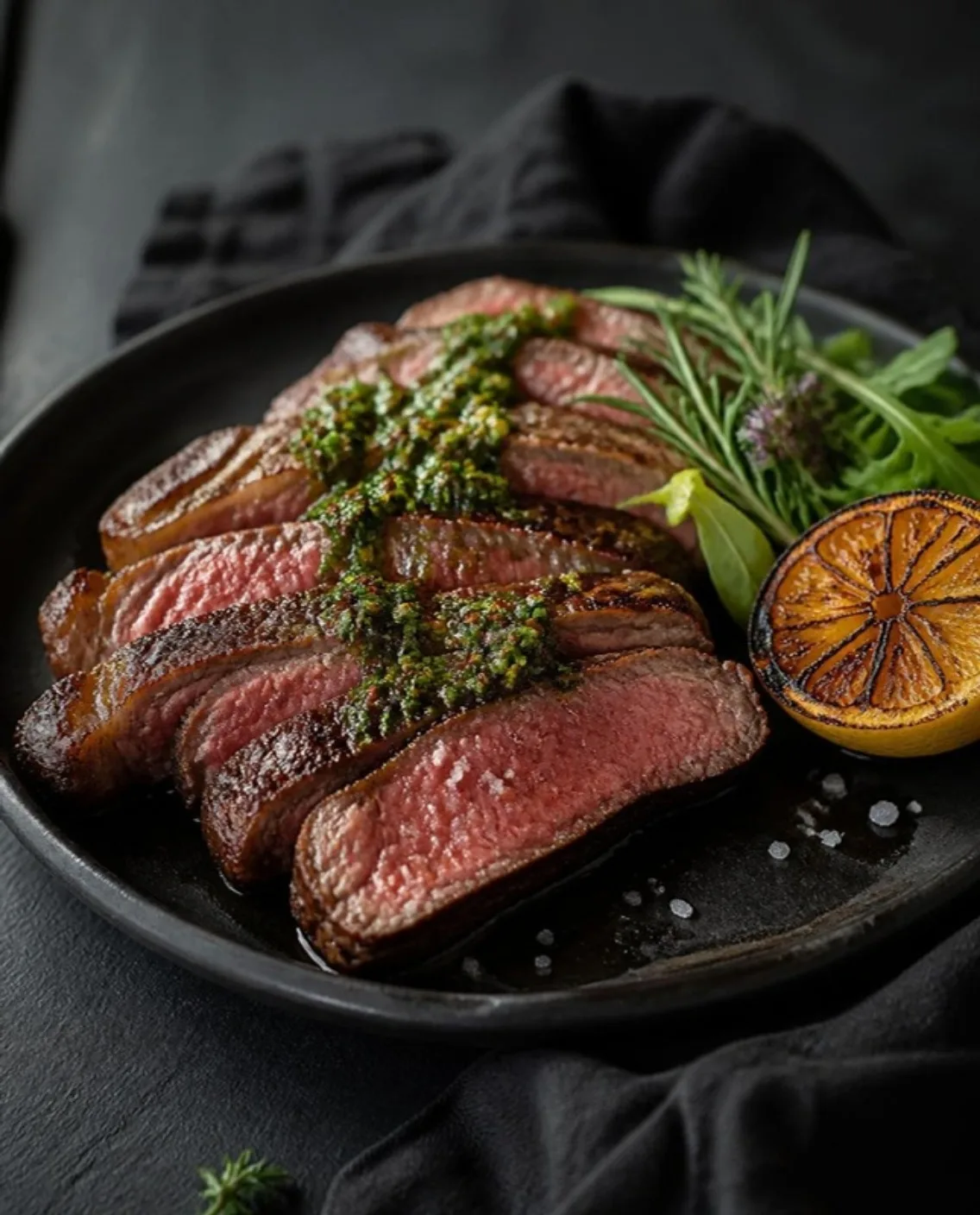 Sliced grass-fed steak with chimichurri and charred lemon
